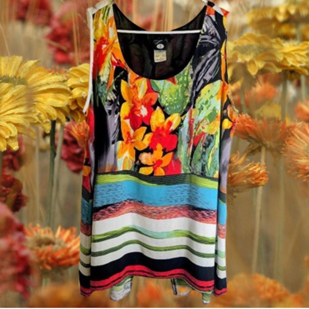J Large sleeveless rayon, polyester woman's colorful oversized blouse.